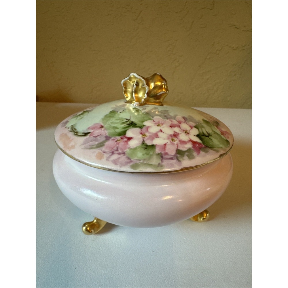 Antique Haviland Limoges Goa France Footed Trinket Jar Pink Floral Gold Trim